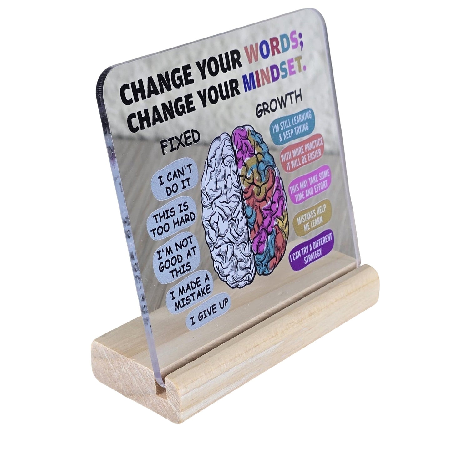 Square on Stand ("Change your words, change your mindset") - Semicolon Sentiments