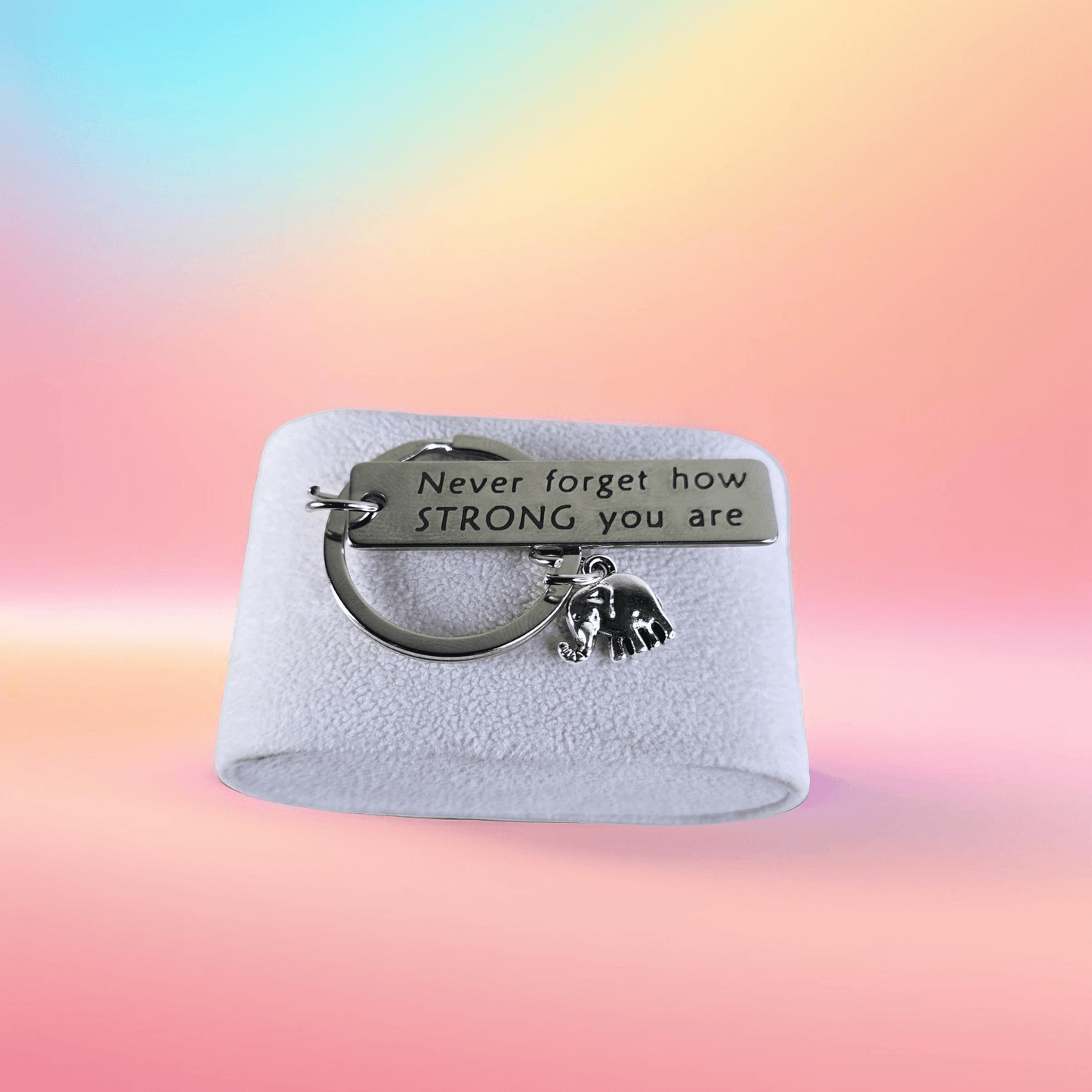 Stainless Steel Keychain with Elephant Charm ("Never Forget How Strong You Are") - Semicolon Sentiments
