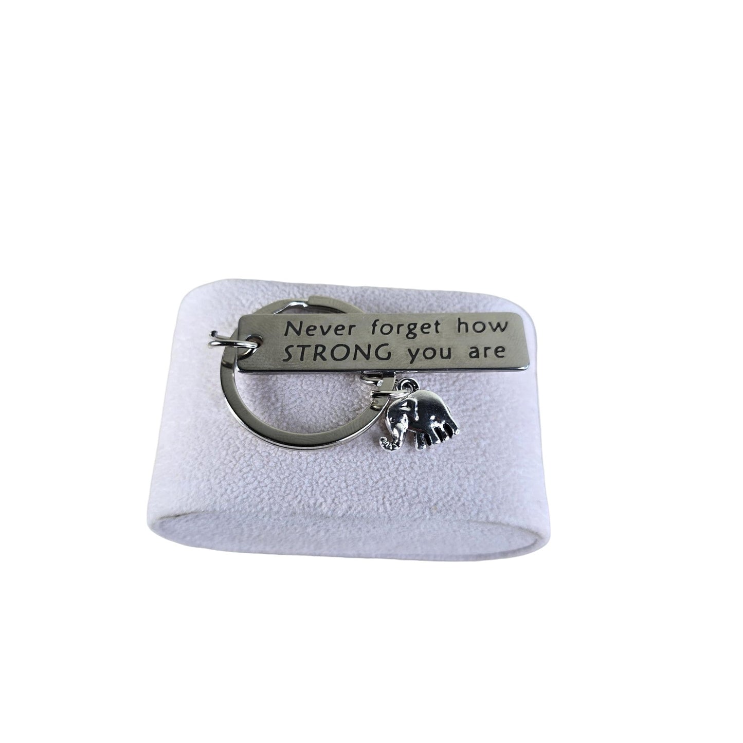 Stainless Steel Keychain with Elephant Charm ("Never Forget How Strong You Are") - Semicolon Sentiments