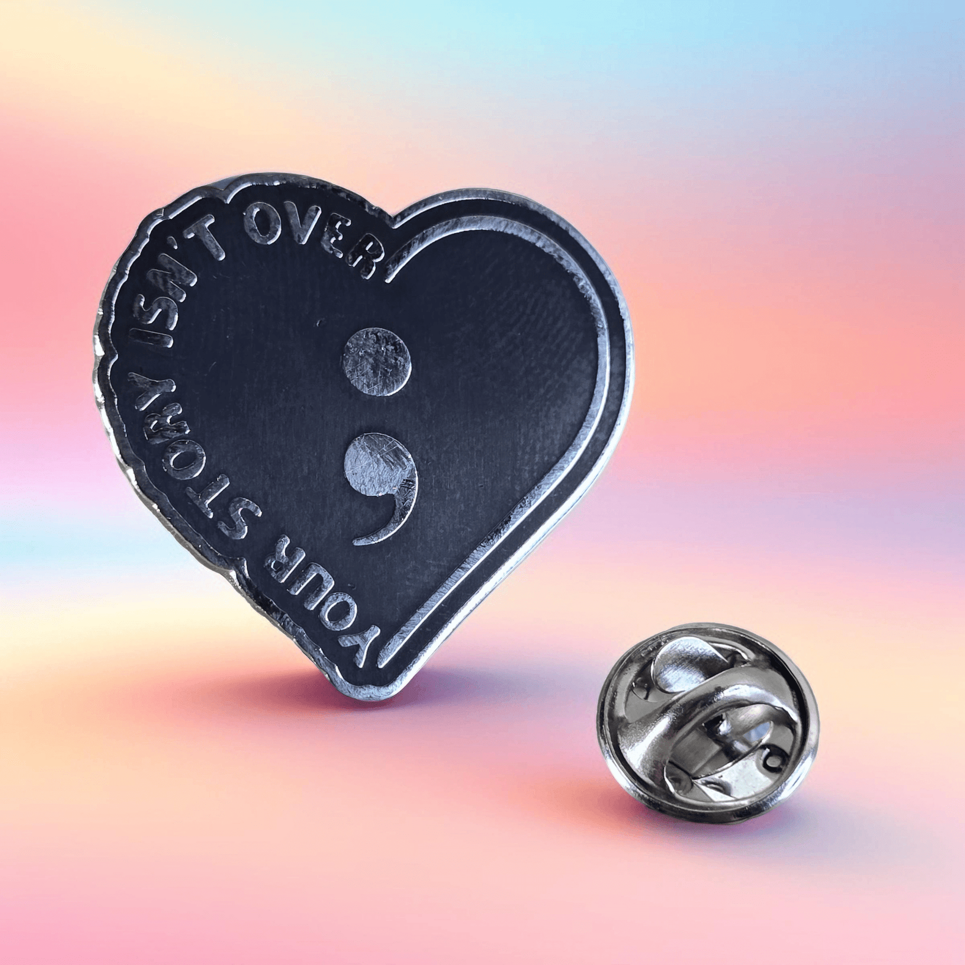 Alloy Heart shaped Pin with semicolon ("Your story isnt over") - Semicolon Sentiments
