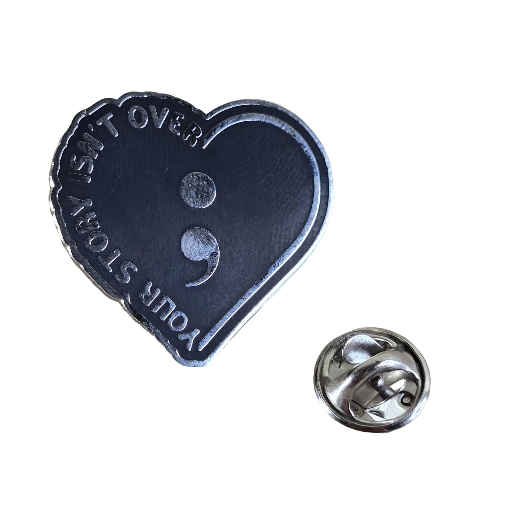 Alloy Heart shaped Pin with semicolon ("Your story isnt over") - Semicolon Sentiments