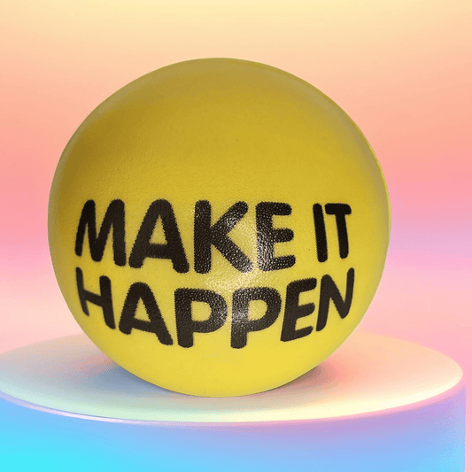 Slogan Stress Balls - Make It Happen/Never Give Up (Yellow) - Semicolon Sentiments