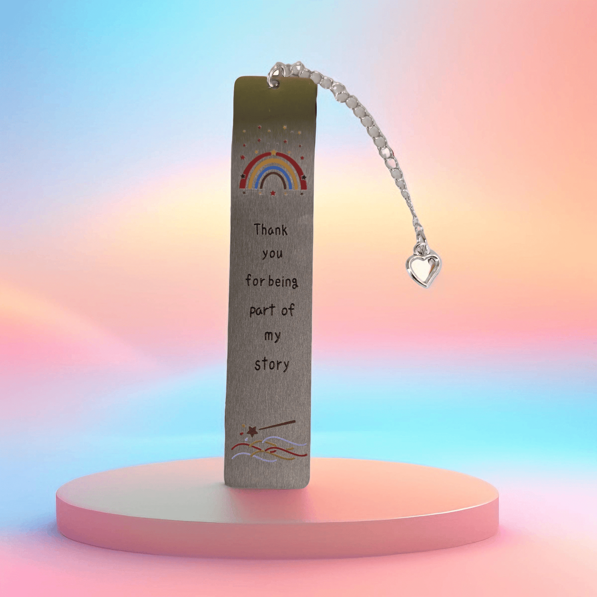 Stainless Steel Bookmark with Coloured Rainbow ("Thank you for being part of my story") - Semicolon Sentiments