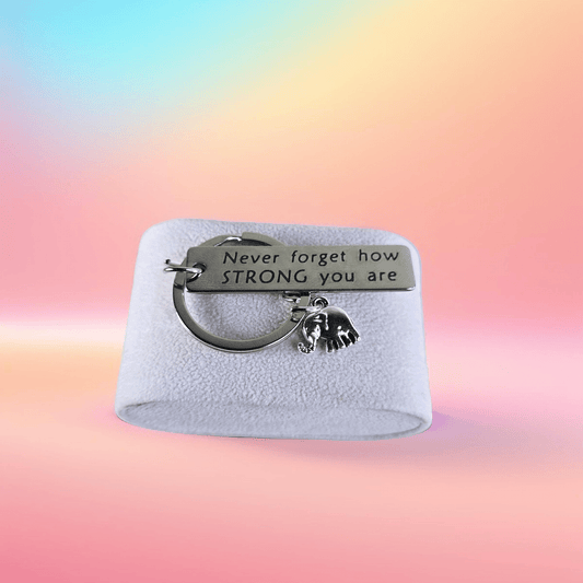 Stainless Steel Keychain with Elephant Charm ("Never Forget How Strong You Are") - Semicolon Sentiments